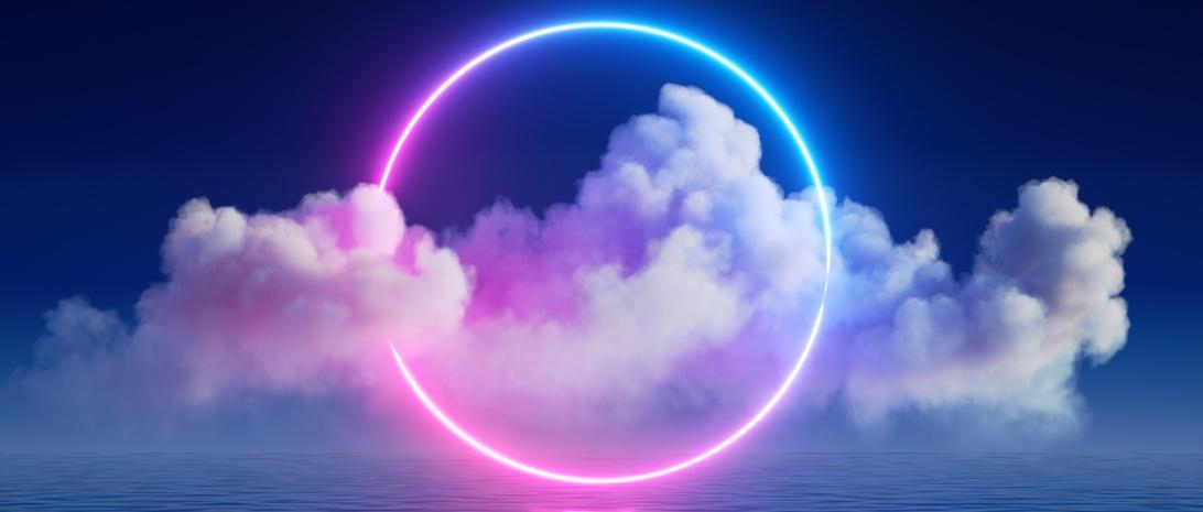 3D-Rendering, Fantasy-Hintergrund mit leuchtendem Neonring und weißer Wolke über dem ruhigen Wasser.