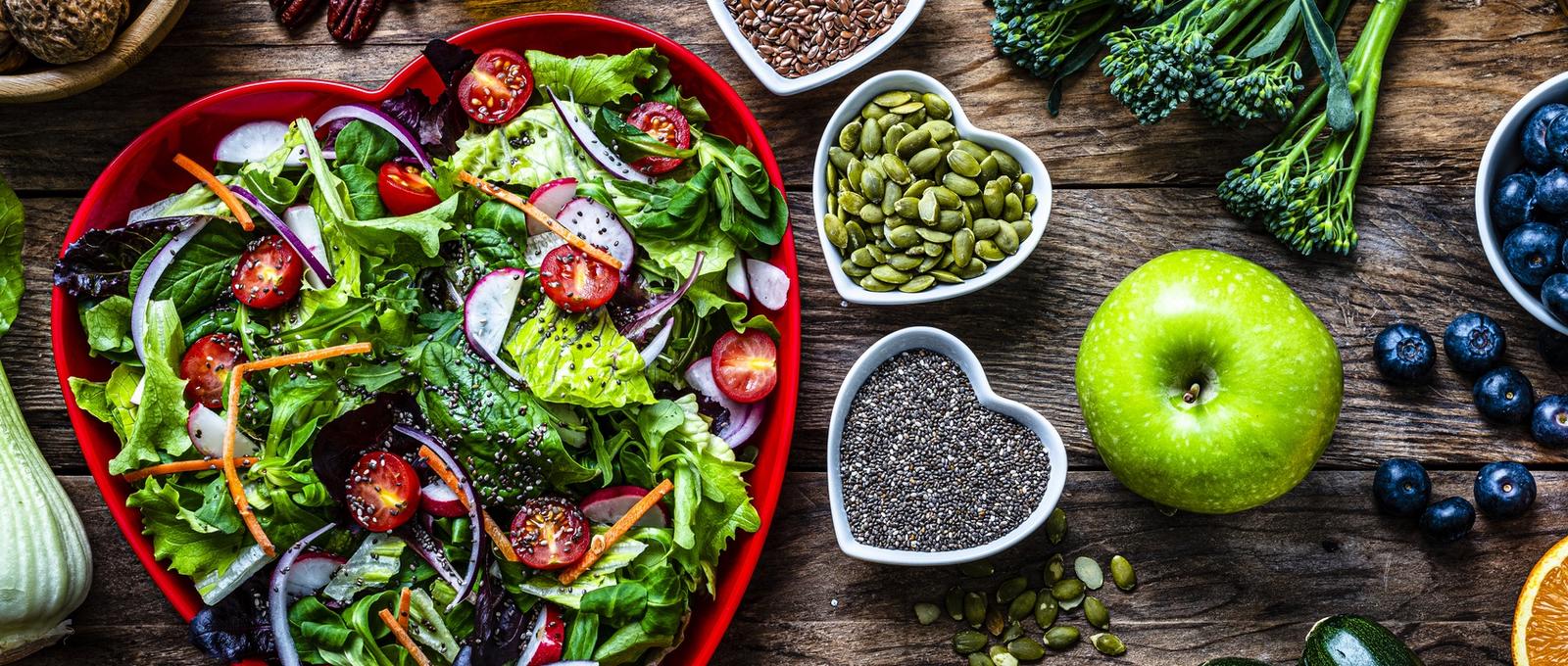 Healthy foods in heart bowls