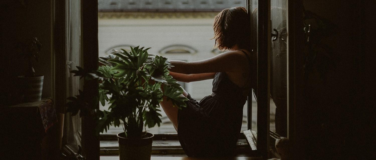 Eine Person sitzt bei gedämpftem Fensterlicht, kümmert sich um die Zimmerpflanzen und schafft eine friedliche, kontemplative Atmosphäre.